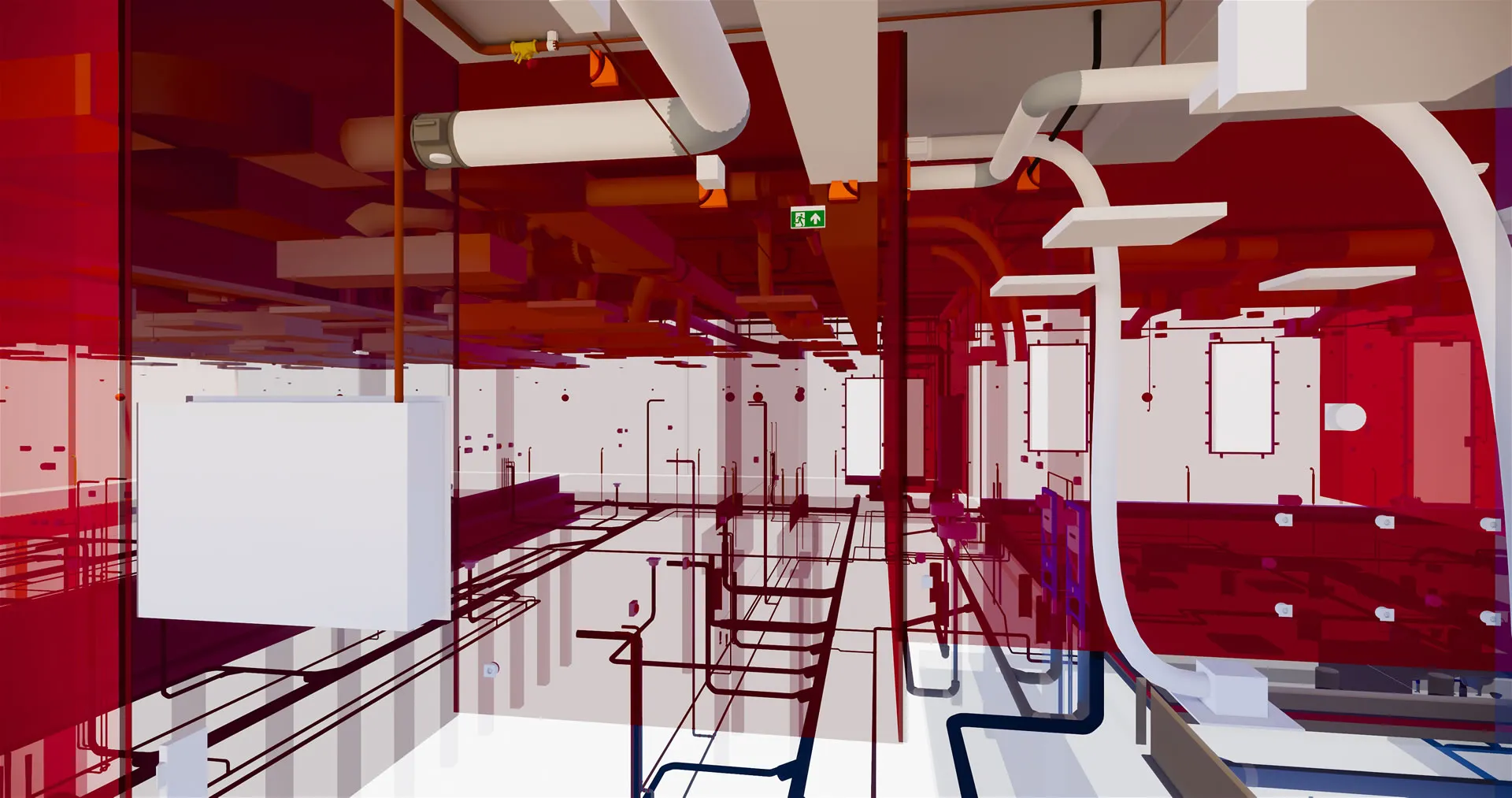 BIM-model met brandscheidingen in rood en de installaties die erdoorheen lopen