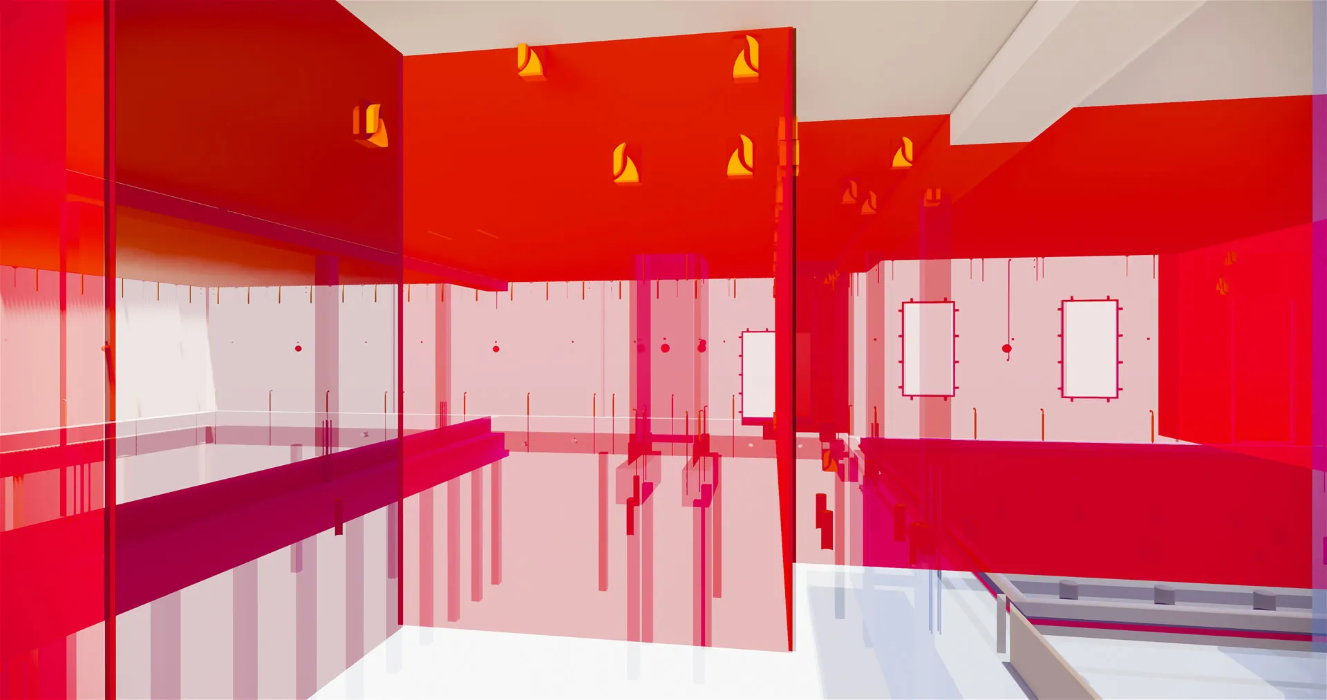Rendering van brandwerende wanden in rood met de sparingen erin